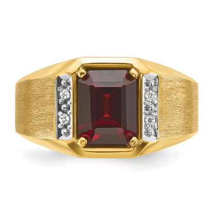 14k Yellow Gold Men's Polished and Satin Created Ruby and 1/20 carat Diamond Complete Ring