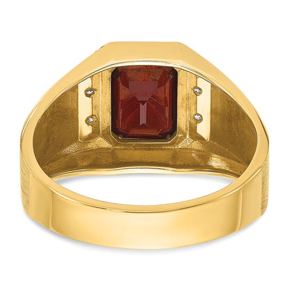 14k Yellow Gold Men's Polished and Satin Created Ruby and 1/20 carat Diamond Complete Ring
