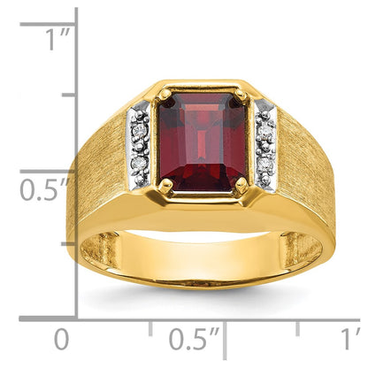 14k Yellow Gold Men's Polished and Satin Created Ruby and 1/20 carat Diamond Complete Ring
