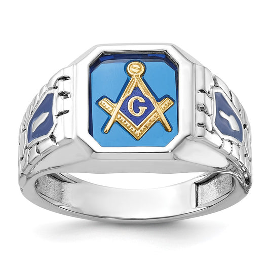 14k White Gold Men's Polished and Textured with Blue Enamel and Lab Created Sapphire Blue Lodge Master Masonic Ring