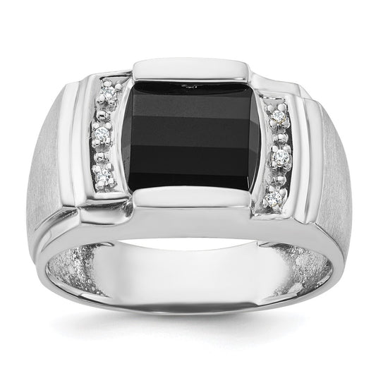 14k White Gold Men's Satin Onyx and 1/20 carat Diamond Complete Ring