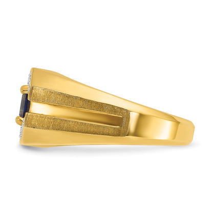 14k Yellow Gold Men's Created Sapphire and 1/20 carat Diamond Satin Complete Ring