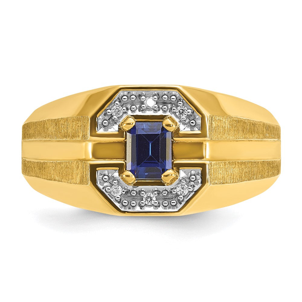 14k Yellow Gold Men's Created Sapphire and 1/20 carat Diamond Satin Complete Ring