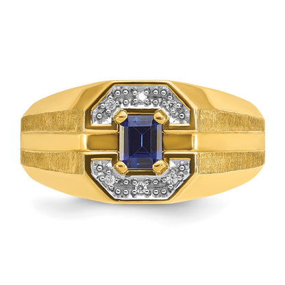 14k Yellow Gold Men's Created Sapphire and 1/20 carat Diamond Satin Complete Ring
