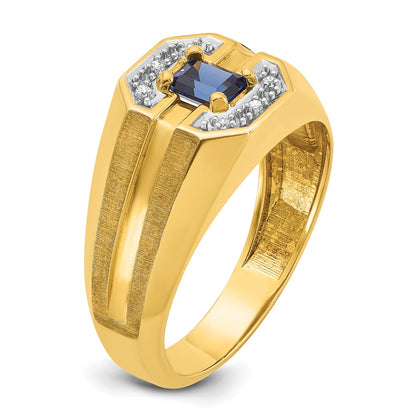 14k Yellow Gold Men's Created Sapphire and 1/20 carat Diamond Satin Complete Ring
