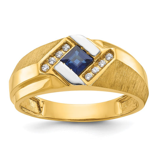 14k Yellow Gold Men's Created Sapphire and 1/15 carat Diamond Satin Complete Ring