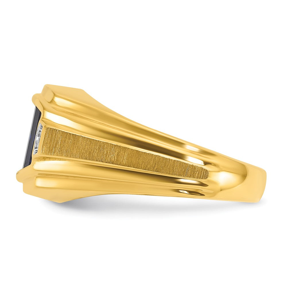 14k Yellow Gold Men's Polished and Satin Created Sapphire and Diamond Complete Ring