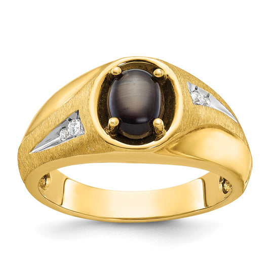 14k Yellow Gold Men's Satin Black Star Sapphire and 1/20 carat Diamond Complete Ring