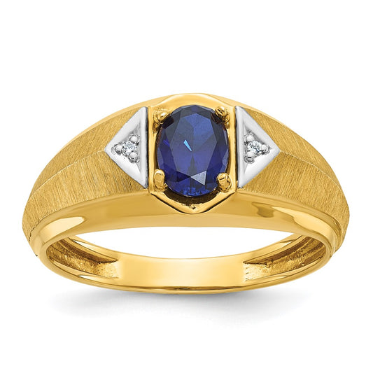 14k Yellow Gold Men's Created Sapphire and Diamond Satin Complete Ring