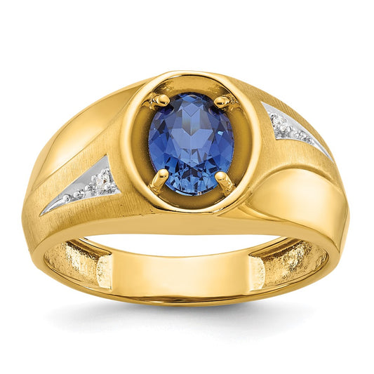 14k Yellow Gold Men's Created Sapphire and Diamond Satin Complete Ring