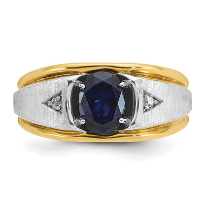 14k Two-tone Gold Men's Created Sapphire and Diamond Satin Complete Ring