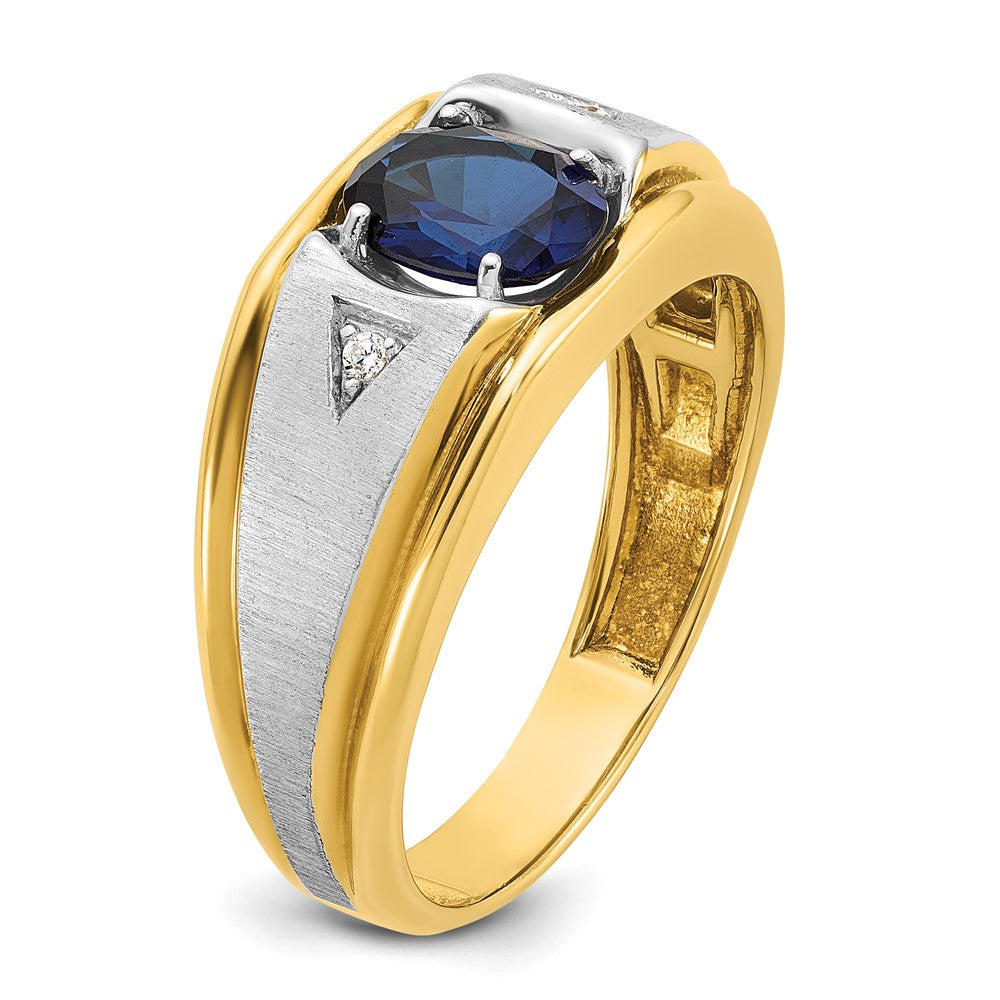 14k Two-tone Gold Men's Created Sapphire and Diamond Satin Complete Ring