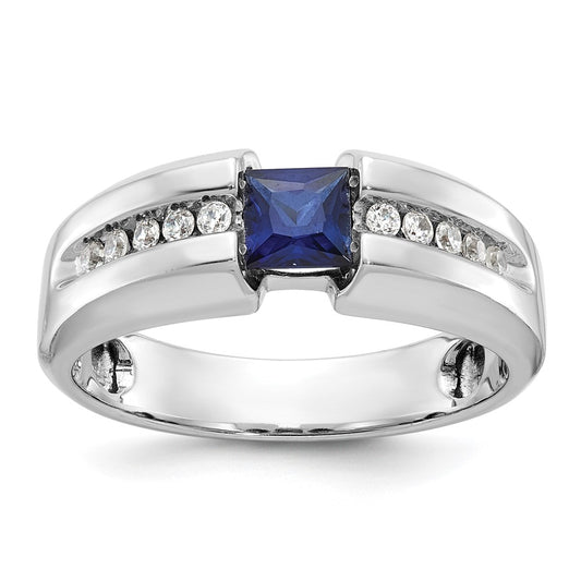 14k White Gold Men's Polished and Satin Created Sapphire and 1/5 carat Diamond Complete Ring