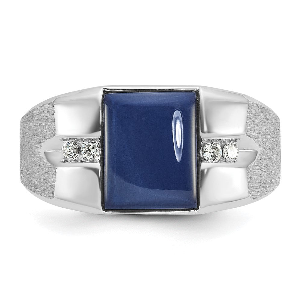 14k White Gold Men's Created Blue Star Sapphire and 1/15 carat Diamond Satin Complete Ring