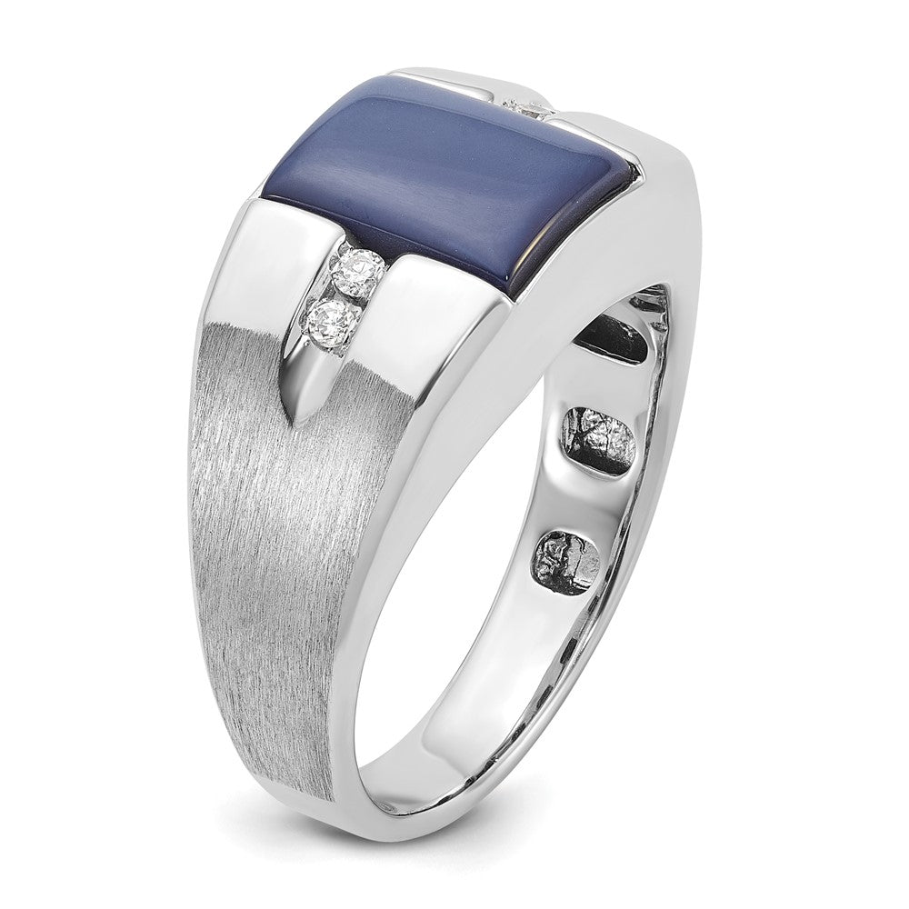 14k White Gold Men's Created Blue Star Sapphire and 1/15 carat Diamond Satin Complete Ring
