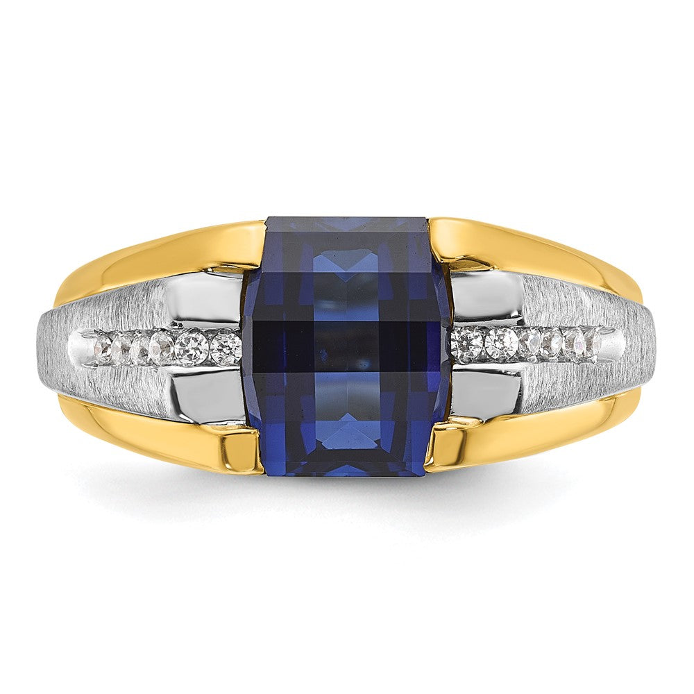 14k Two-tone Gold Men's Created Sapphire and 1/8 carat Diamond Complete Ring