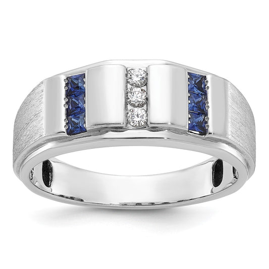 14k White Gold Men's Satin Lab Created Sapphire and 1/10 carat Diamond Complete Ring