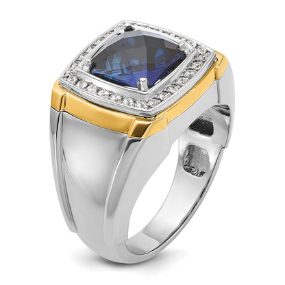 14k Two-tone Gold Men's Created Sapphire and 1/3 carat Diamond Complete Ring