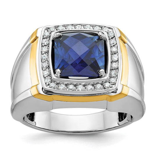 14k Two-tone Gold Men's Created Sapphire and 1/3 carat Diamond Complete Ring