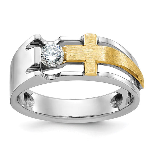 14k Two-tone Gold Men's Cross Satin 1/3 carat Diamond Complete Ring