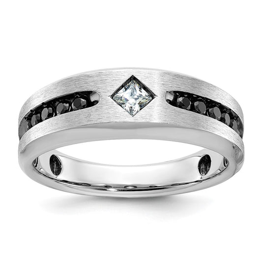 14k White Gold Men's Satin 1/2 carat Black and White Diamond Complete Ring
