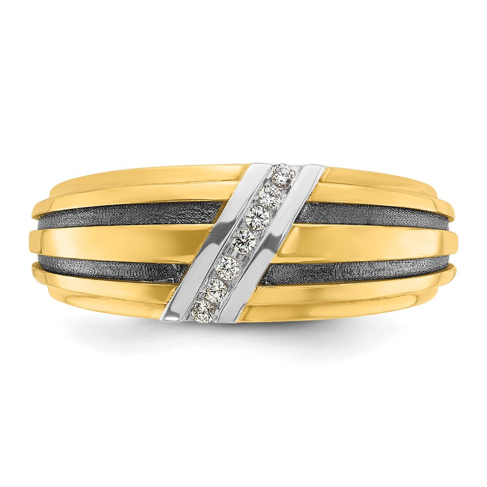14k Yellow & Rhodium Gold with Black White Rhodium Men's Satin 1/20 carat Diamond Complete Ring