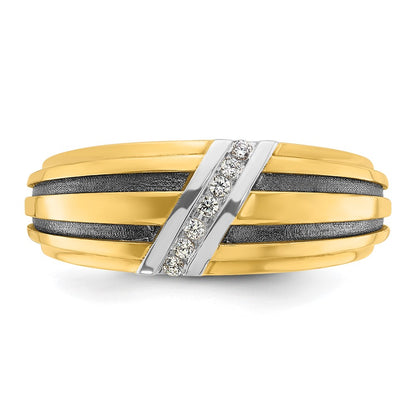 14k Yellow & Rhodium Gold with Black White Rhodium Men's Satin 1/20 carat Diamond Complete Ring