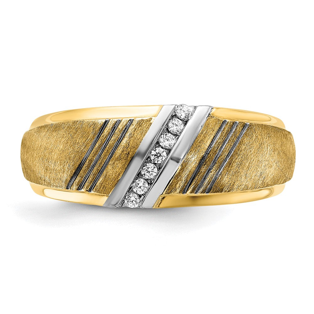 14k Yellow & Rhodium Gold with Black and White Rhodium Men's Satin 1/20 carat Diamond Complete Ring