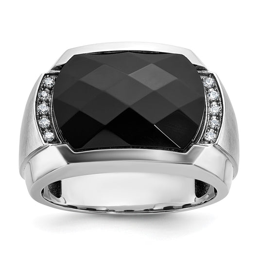 14k White Gold Men's Satin Onyx and 1/10 carat Diamond Complete Ring