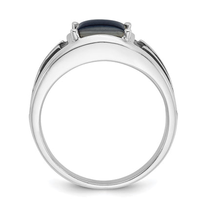 14k White Gold with Black Rhodium Men's Imitation Gray Cat's Eye Complete Ring