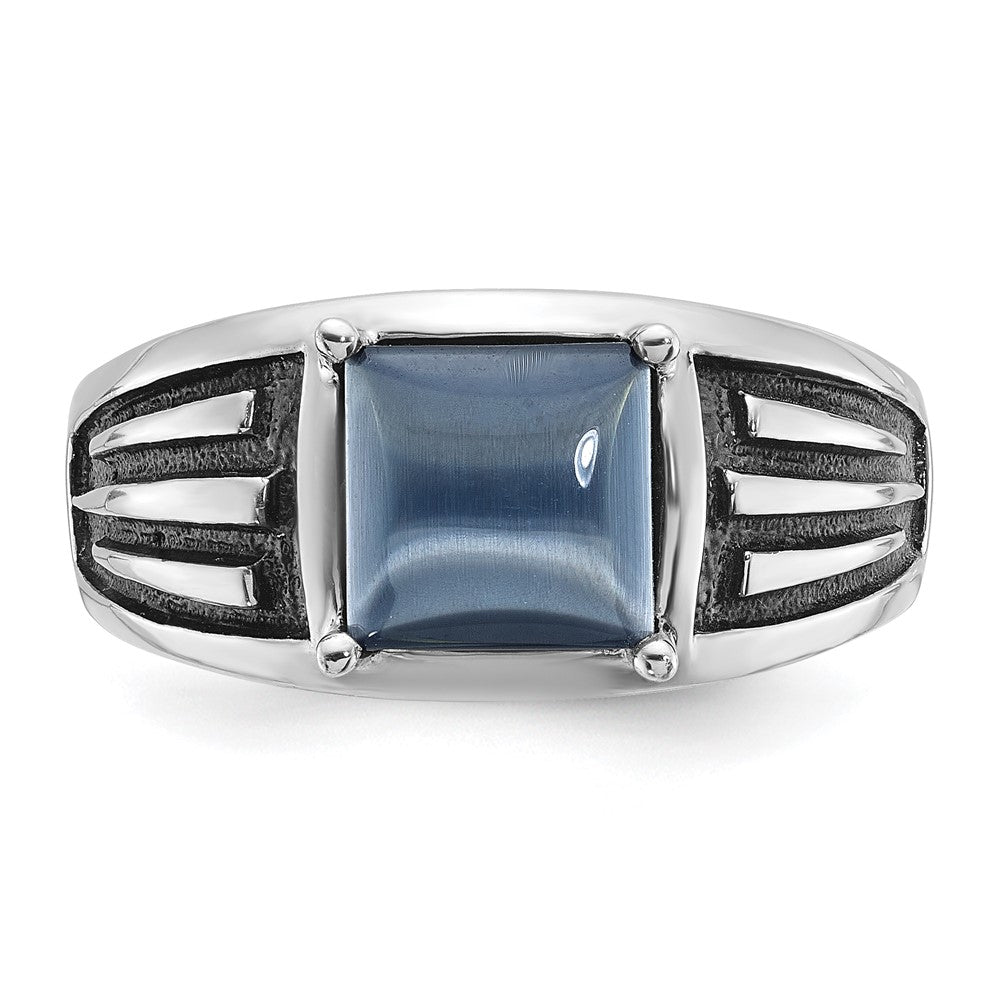 14k White Gold with Black Rhodium Men's Imitation Gray Cat's Eye Complete Ring