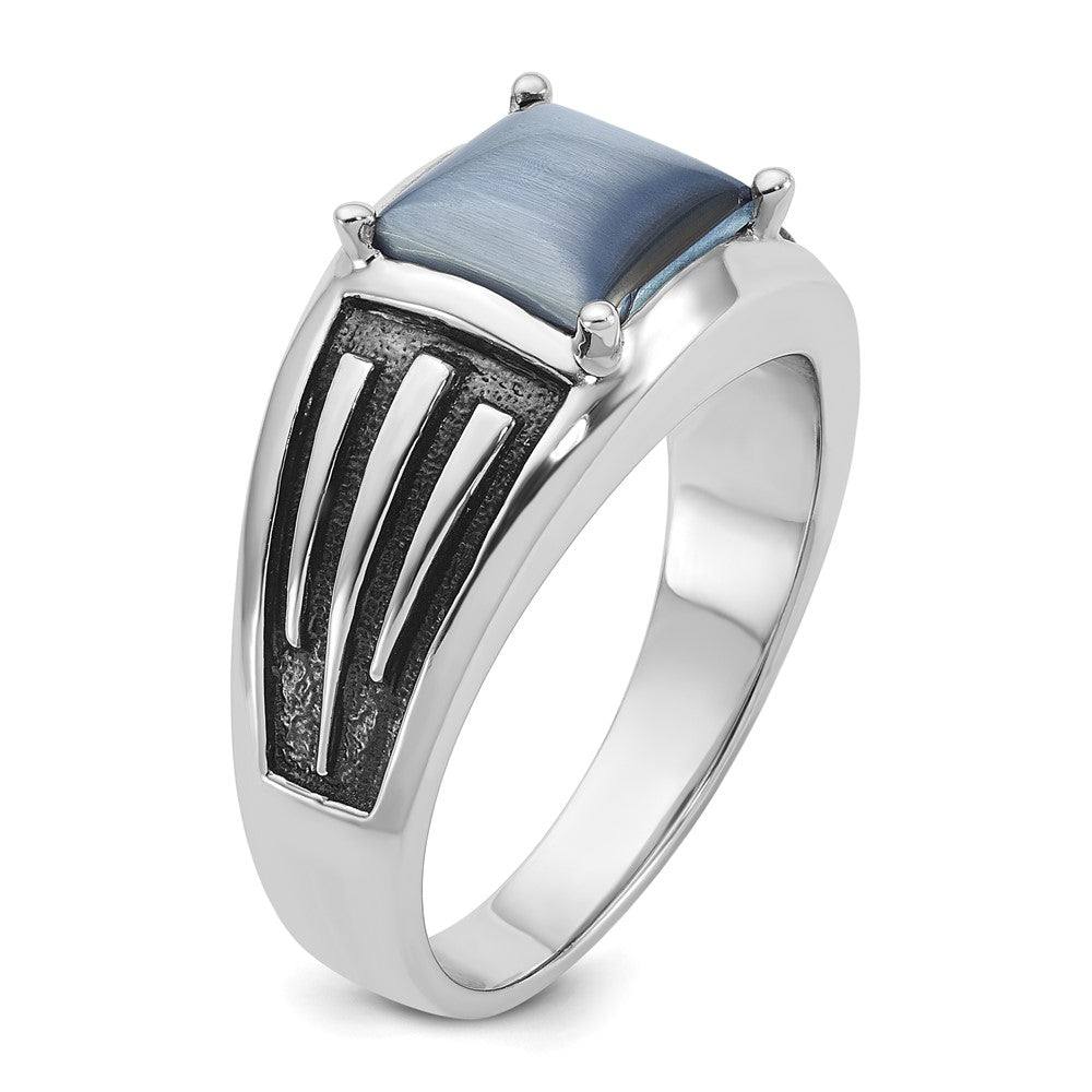 14k White Gold with Black Rhodium Men's Imitation Gray Cat's Eye Complete Ring
