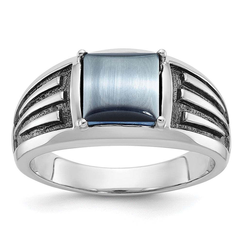 14k White Gold with Black Rhodium Men's Imitation Gray Cat's Eye Complete Ring
