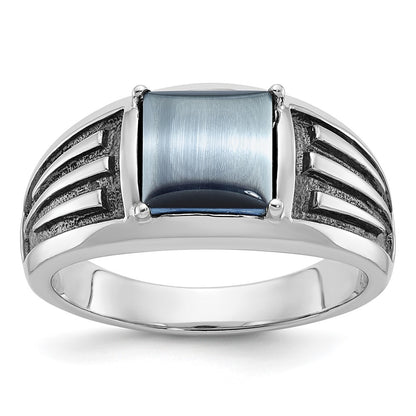 14k White Gold with Black Rhodium Men's Imitation Gray Cat's Eye Complete Ring