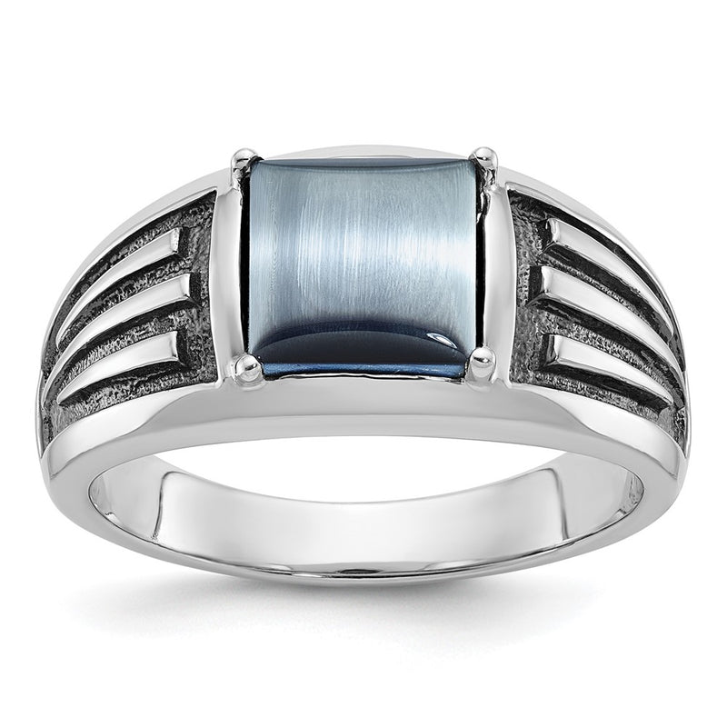 14k White Gold with Black Rhodium Men's Imitation Gray Cat's Eye Complete Ring