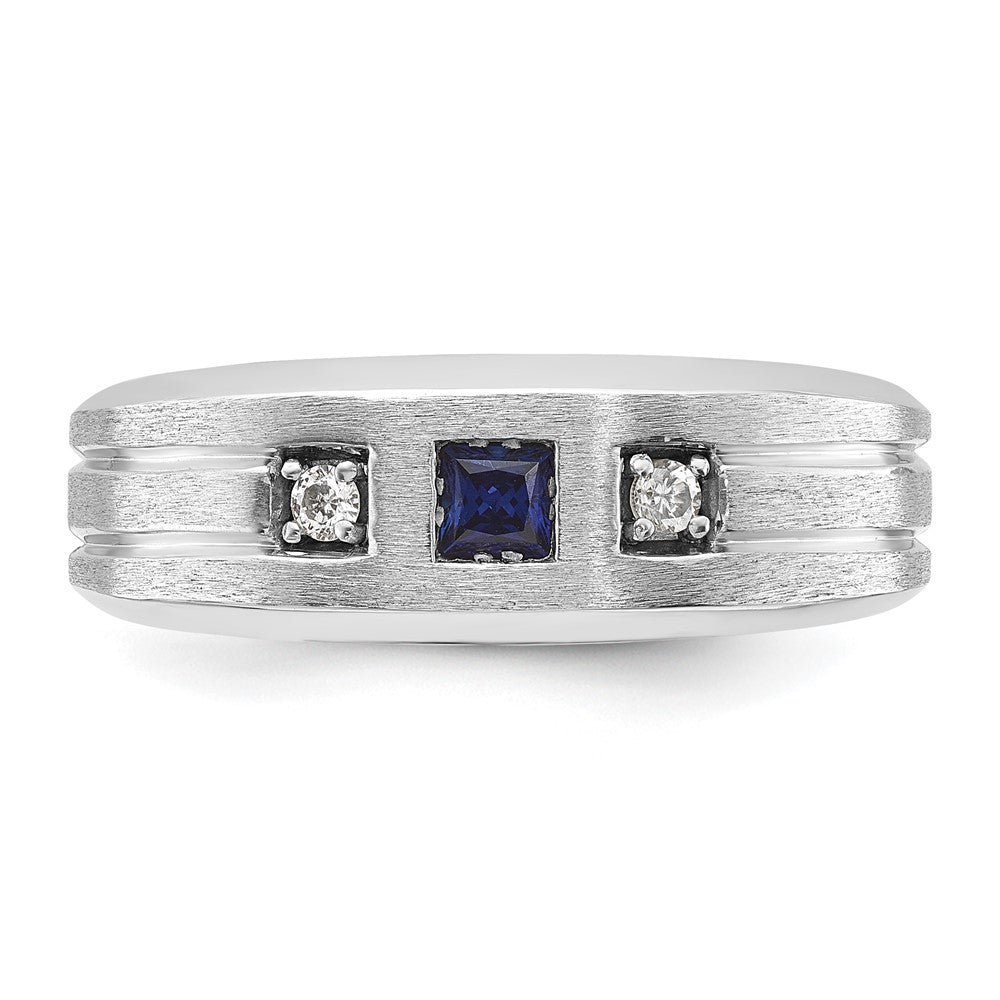 14k White Gold Men's Satin Lab Created Sapphire and 1/15 carat Diamond Complete Ring