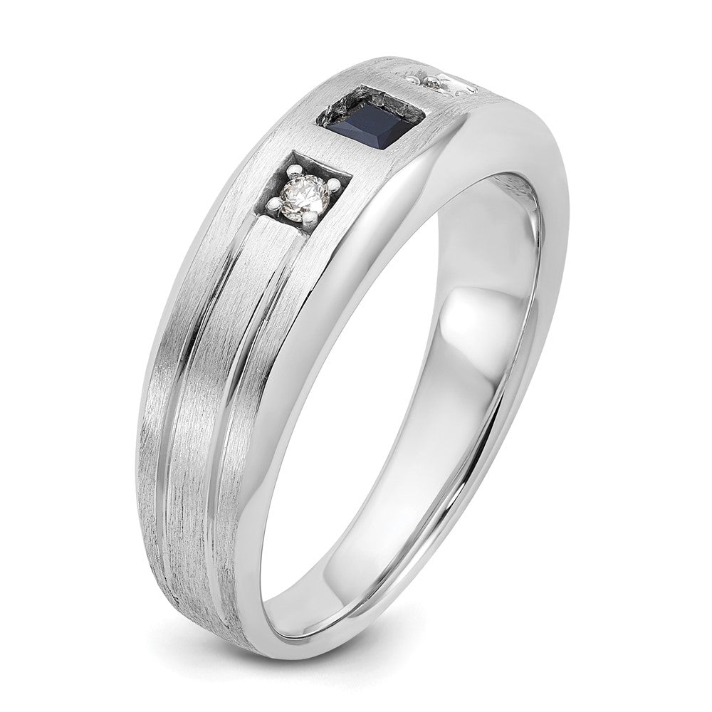 14k White Gold Men's Satin Lab Created Sapphire and 1/15 carat Diamond Complete Ring