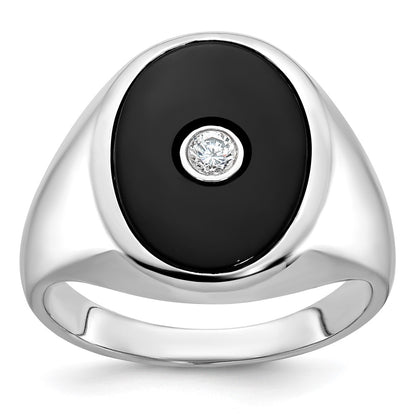 14k White Gold Men's Onyx and 1/10 carat Diamond Complete Ring