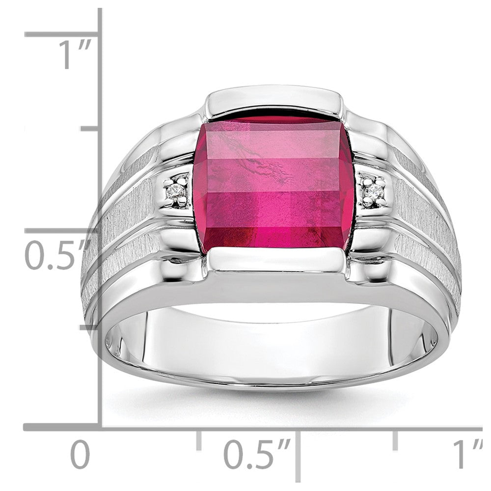 14k White Gold Men's Satin Created Ruby and Diamond Complete Ring
