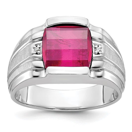 14k White Gold Men's Satin Created Ruby and Diamond Complete Ring