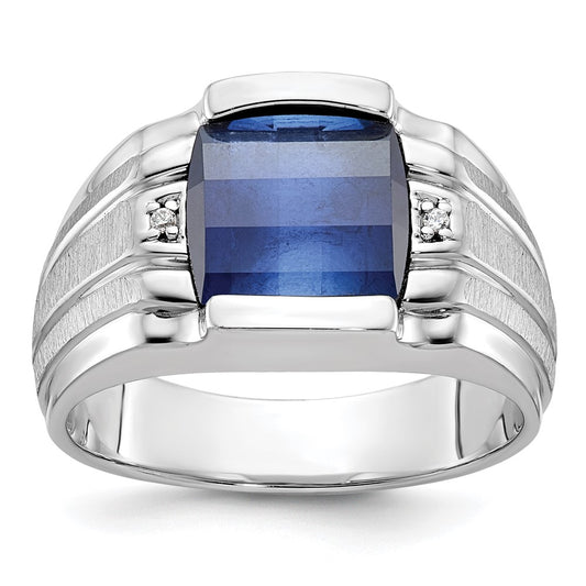 14k White Gold Men's Satin Created Sapphire and Diamond Complete Ring