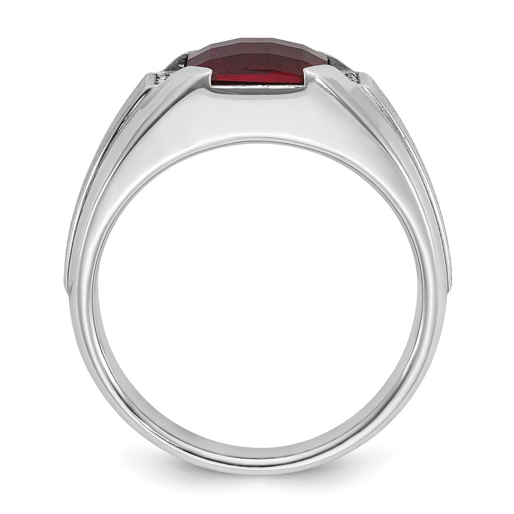 14k White Gold Men's Created Garnet and 1/20 carat Diamond Complete Ring