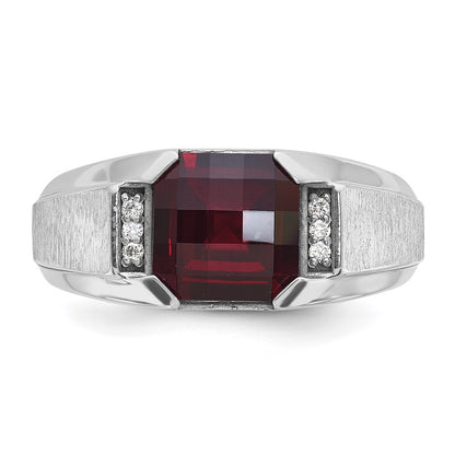 14k White Gold Men's Created Garnet and 1/20 carat Diamond Complete Ring