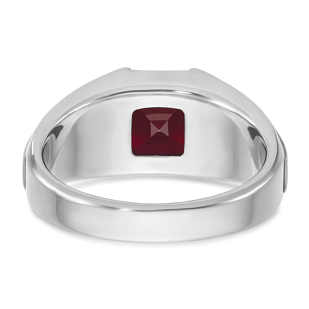 14k White Gold Men's Created Garnet and 1/20 carat Diamond Complete Ring