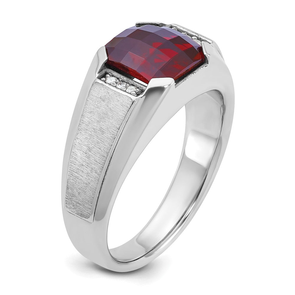14k White Gold Men's Created Garnet and 1/20 carat Diamond Complete Ring