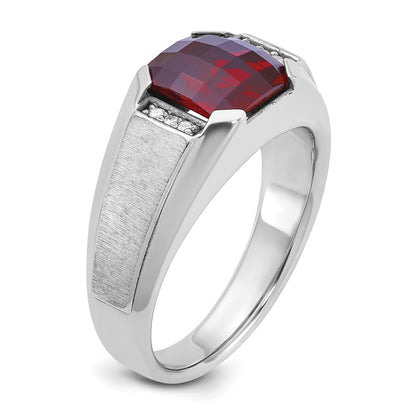 14k White Gold Men's Created Garnet and 1/20 carat Diamond Complete Ring