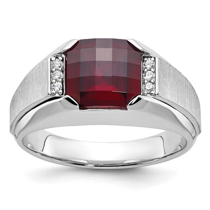 14k White Gold Men's Created Garnet and 1/20 carat Diamond Complete Ring