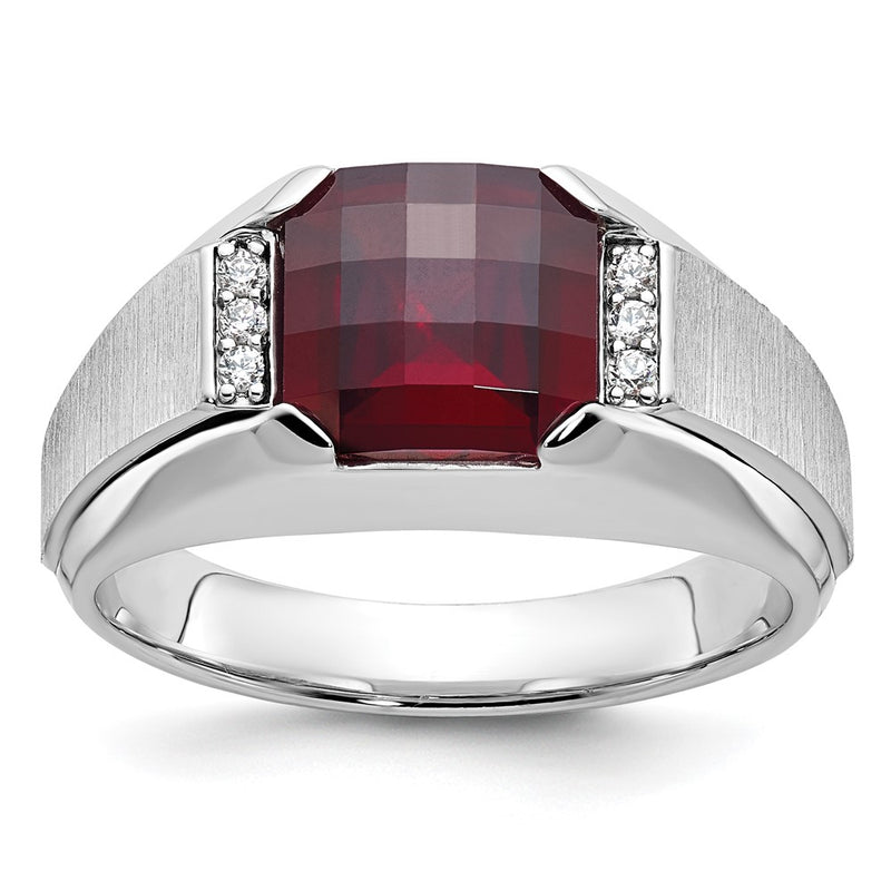 14k White Gold Men's Created Garnet and 1/20 carat Diamond Complete Ring