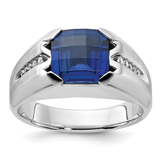 14k White Gold Men's Created Sapphire and 1/20 carat Diamond Complete Ring