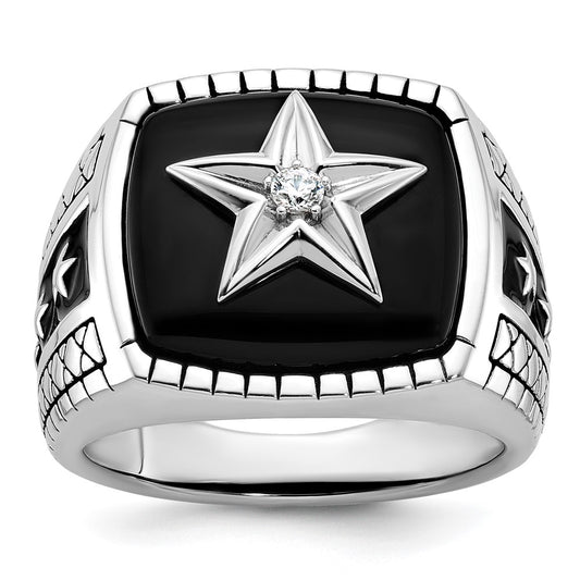 14k White Gold Men's Antiqued Onyx and 1/20 carat Diamond Complete Star Ring